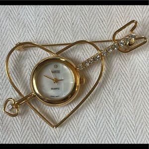 Quintel Quartz Gold Tone, Heart Shaped Brooch Watch